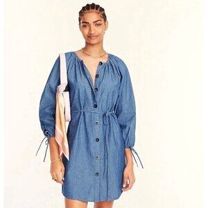 NEW! J. Crew Dress Chambray Button Front Tie Sleeve Blue SZ Small
